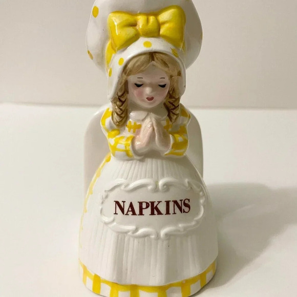 Vintage  Ceramic Napkin Holder Girl Lady Yellow Dress Praying Japan - Picture 7 of 16